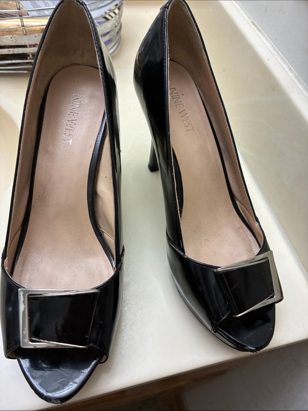 Nine West Black Patent Peep-Toe Pumps with Buckle Accent